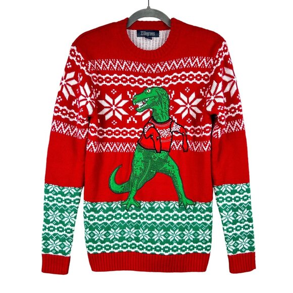 33 Degrees Dinosaur Ugly Christmas Sweater Mens Small T-Rex Fair Aisle Crew Neck - Picture 1 of 8